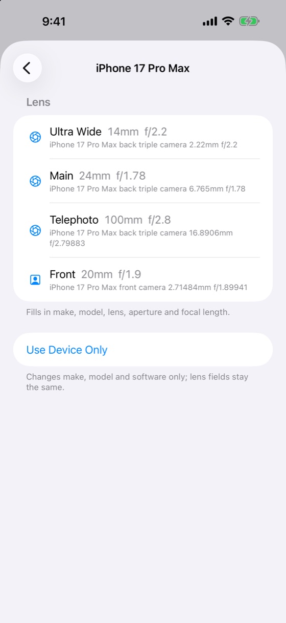 Pick a device and lens